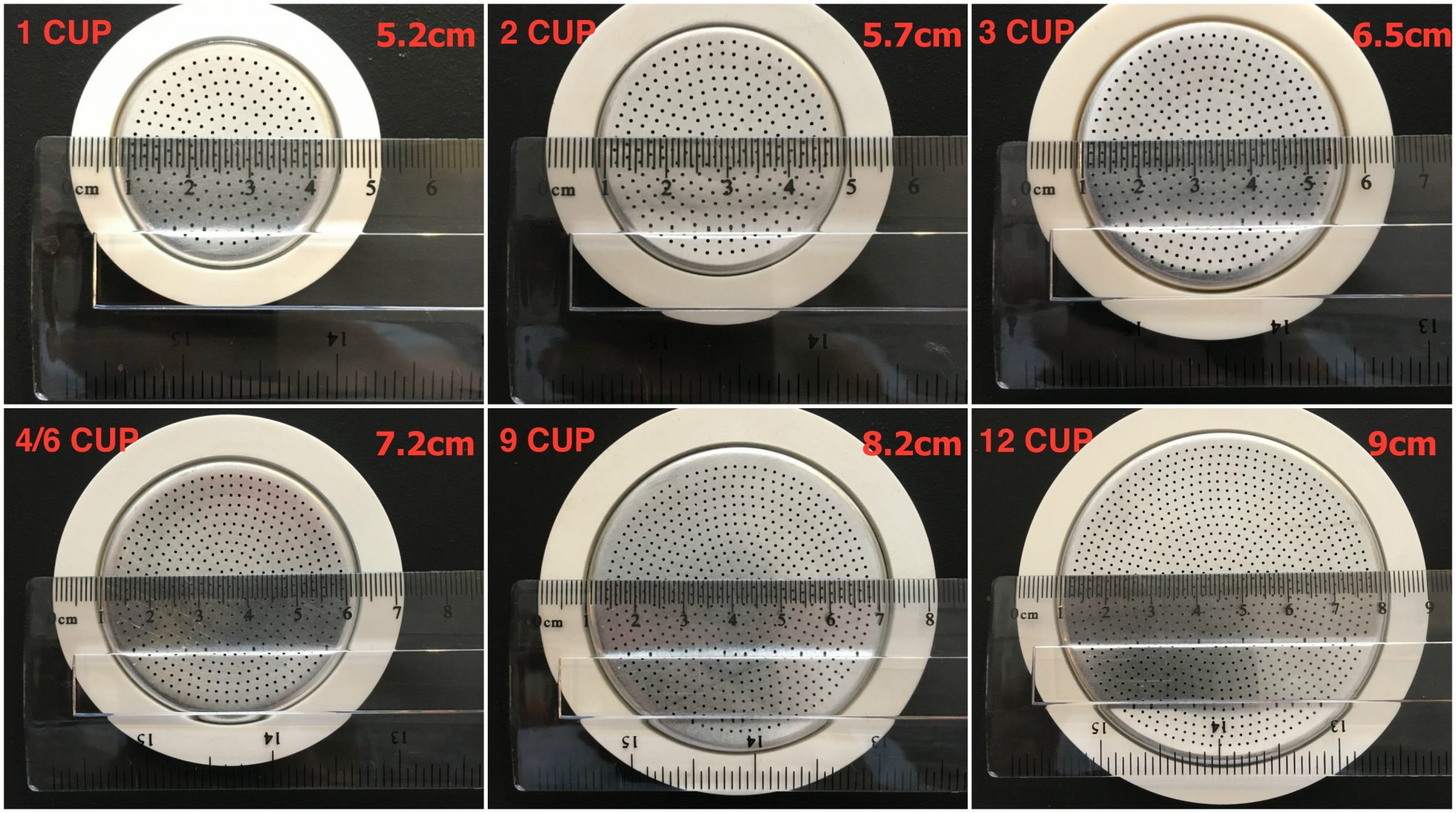 Bialetti Aluminium Seal & Filter Packs with diameter measurements