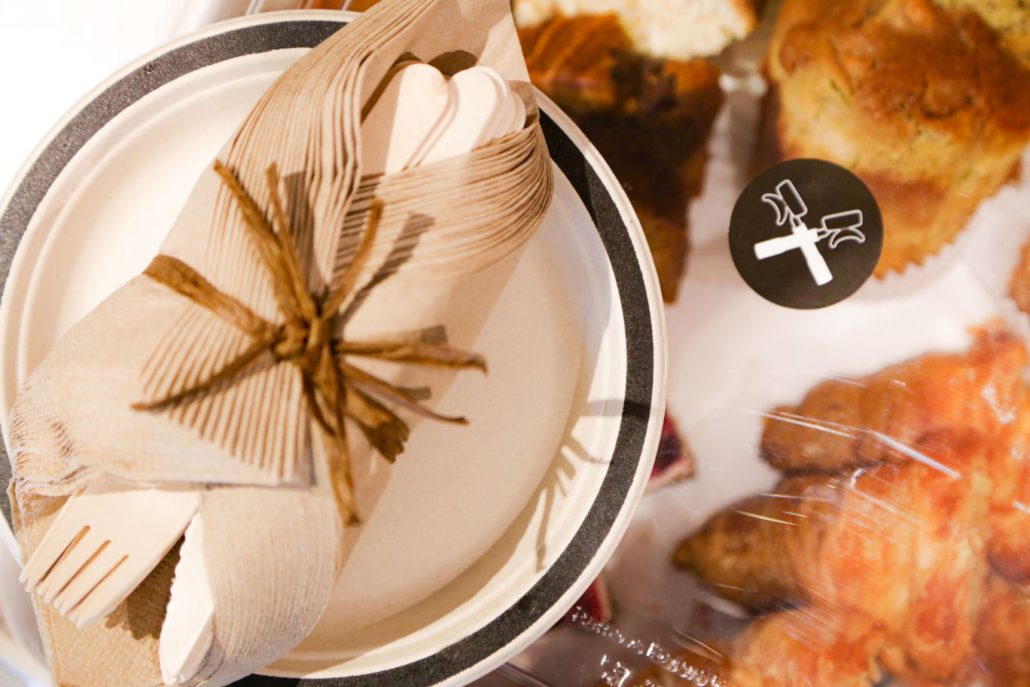Compostable cutlery, serviettes, and plates provided